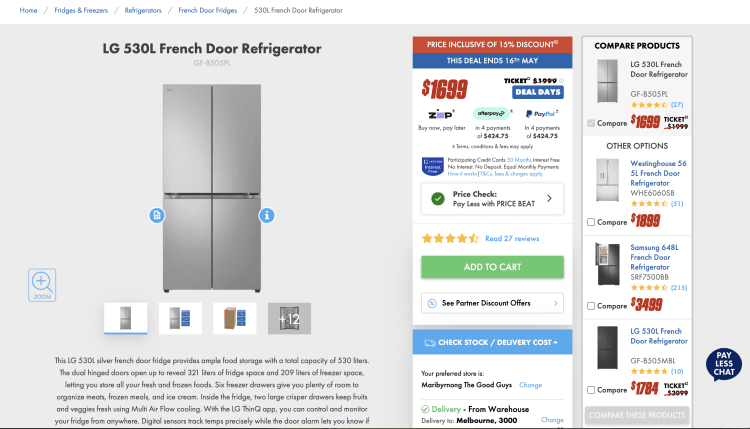 The Good Guys: LG 530L French Door Refrigerator – $1699